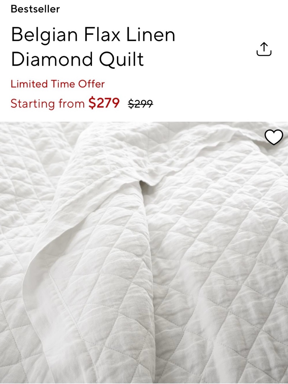 Pottery Barn Belgian Flax Linen Quilt in White Queen